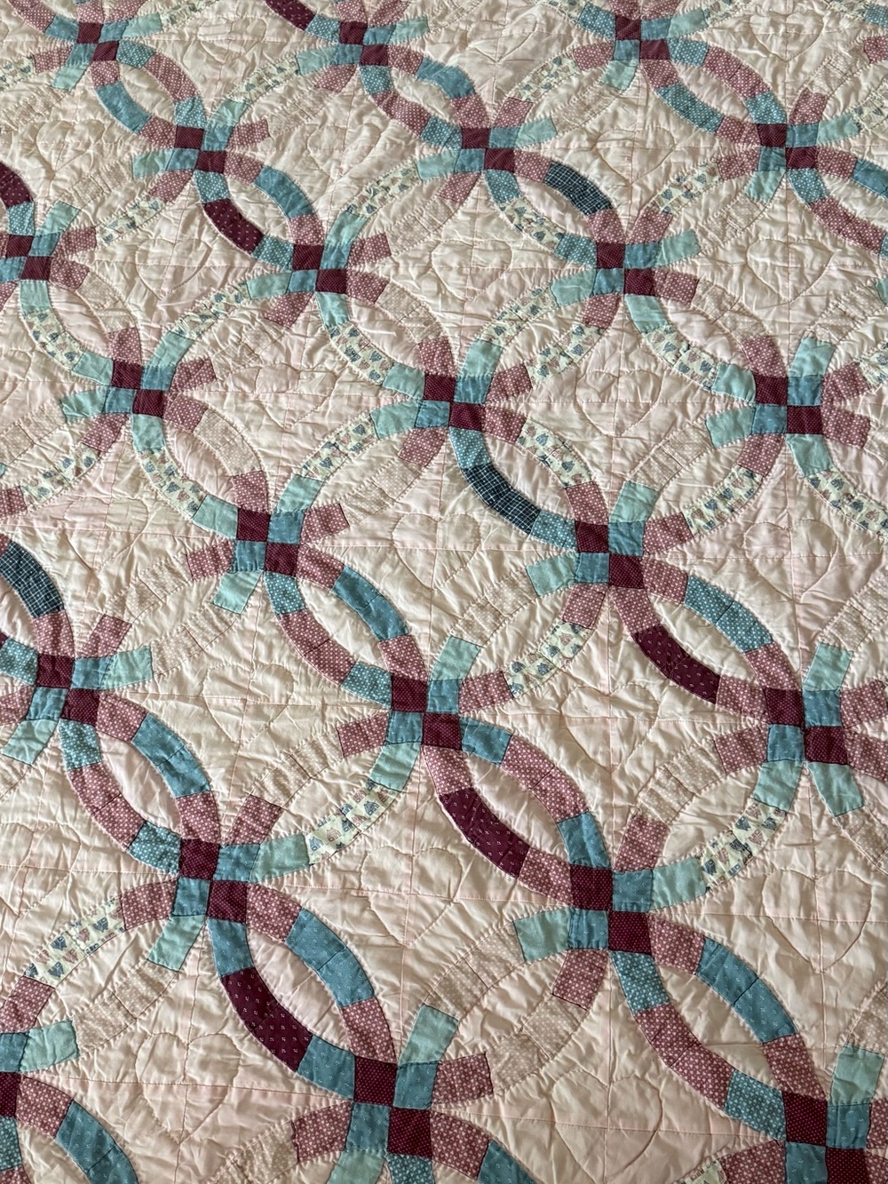 Vintage Double Wedding Ring Quilt Pink Teal Burgundy Full Size Patchwork Cozy